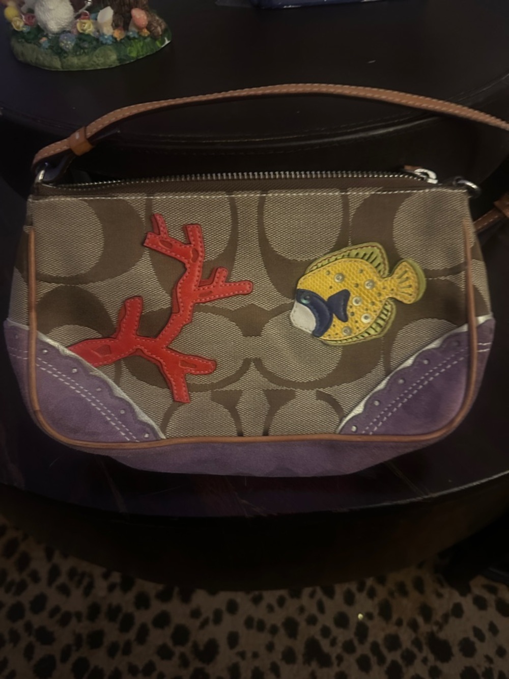 Coach Signature Canvas Shoulder Bag with Coral & Fish Appliqués - Purple/Brown